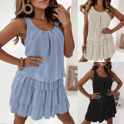 Ebay Cross-border European and American Foreign Trade Spring and Summer U-neck Cake Skirt Women's Multi-layered Ruffled Loose Slimming Sleeveless Short Skirt