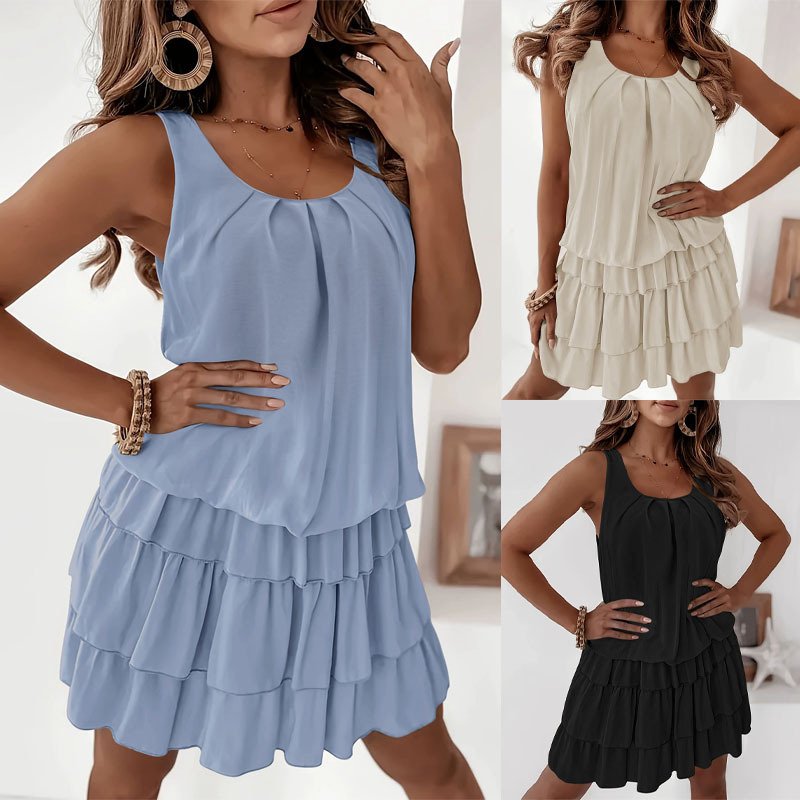 Ebay Cross-border European and American Foreign Trade Spring and Summer U-neck Cake Skirt Women's Multi-layered Ruffled Loose Slimming Sleeveless Short Skirt