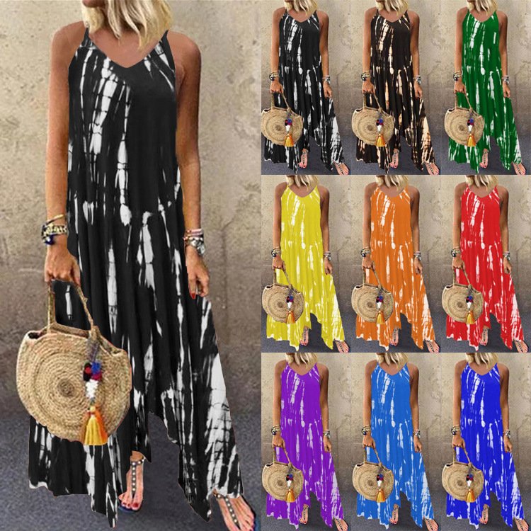 Women's Clothing Amazon Foreign Trade New Long Skirt Printed Slit Skirt Irregular Tie-dye Pocket Dress