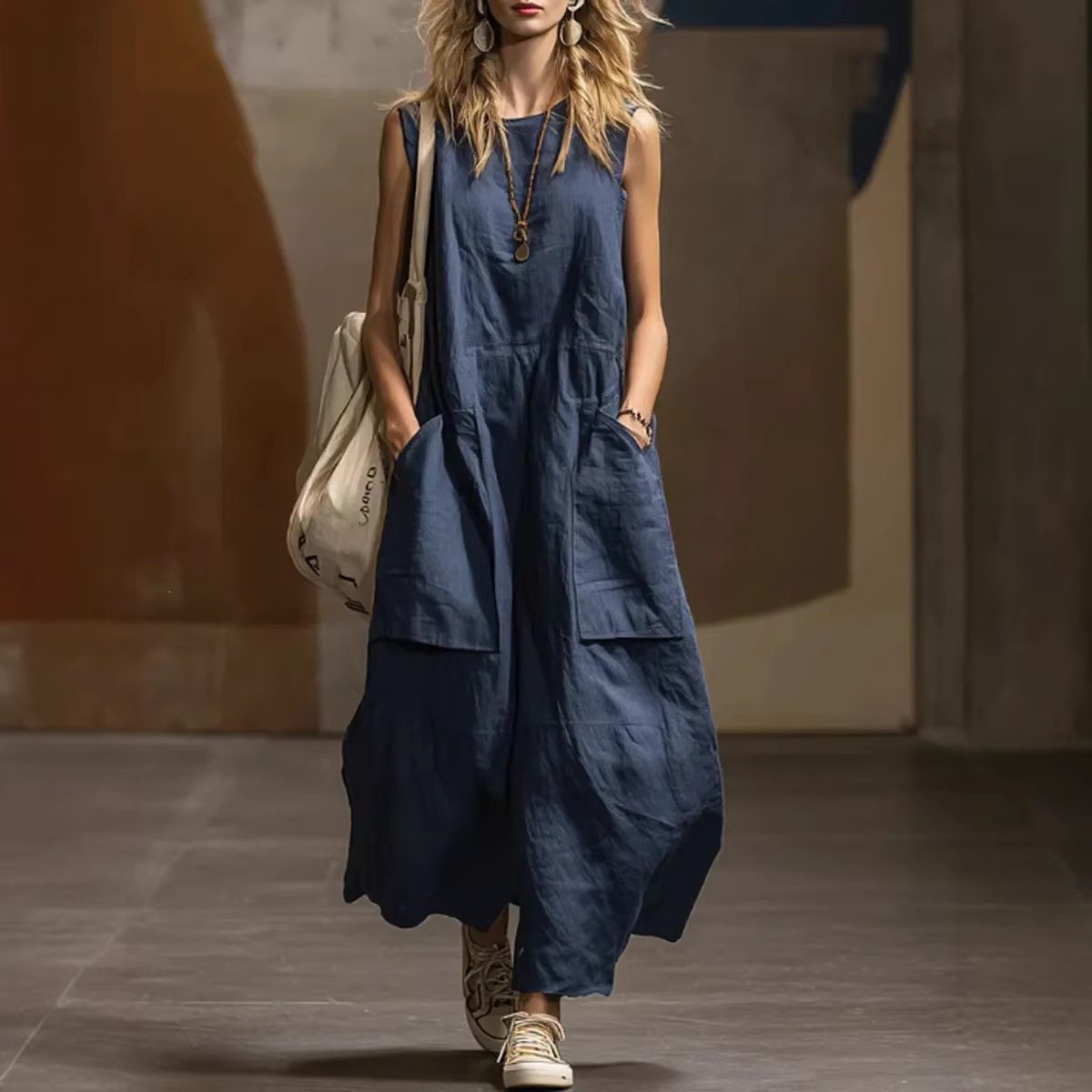 New Spring & Summer Loose Sleeveless Cotton Linen Dress with 3d Pockets