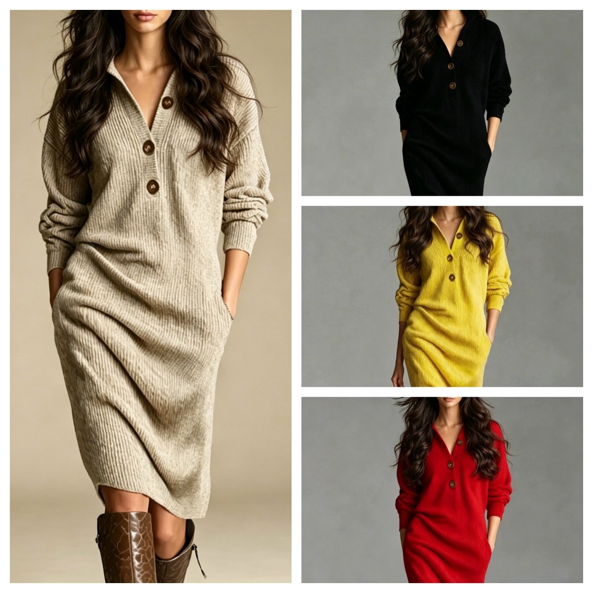 Cross Border Polo Collar Fur Dress From Europe and America, Retro Single Breasted Lapel, Lazy Style Pocket, Long Sleeved Mid Length Dress