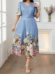 Cross-border Foreign Trade European and American Plus-size 2026 Summer New Style Elegant V-neck Printed Mid-length Dress