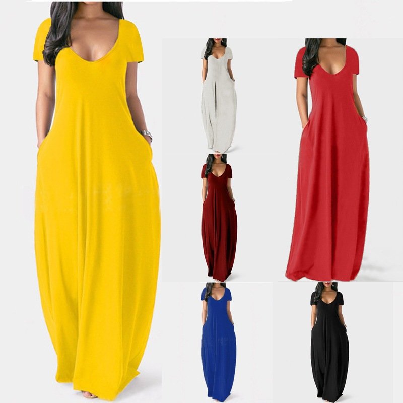 Summer Casual Sexy Solid Color Deep V-neck Short Sleeve Maxi Dress