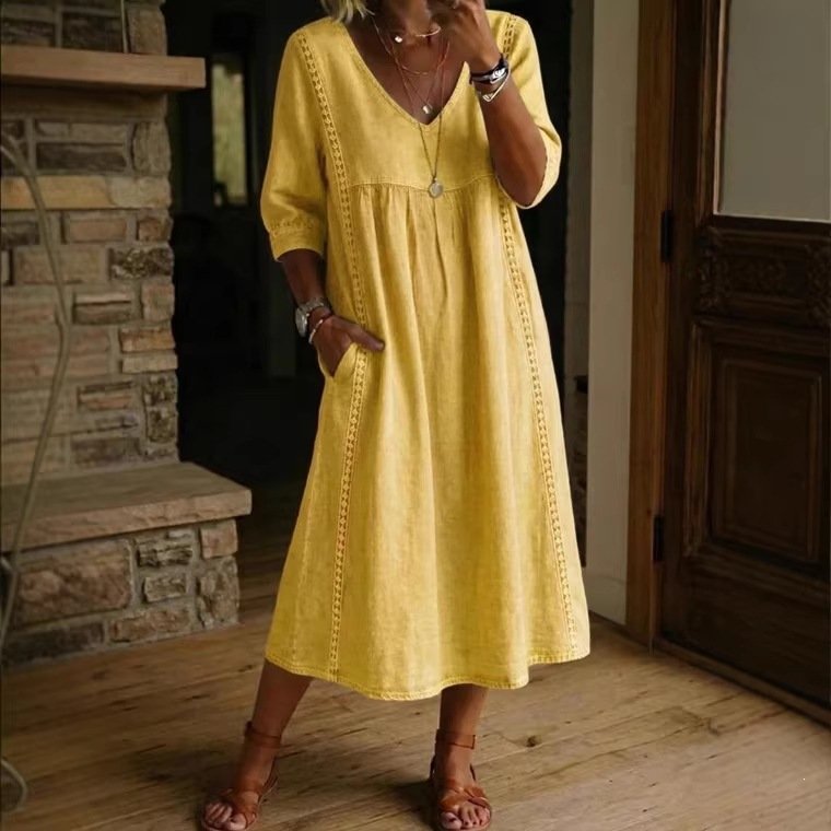 Spring Autumn New Arrival Solid Color V-neck Loose Dress with Lace Trim