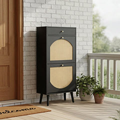 Compact Black Shoe Cabinet with Drawer and Flip-Down Compartments