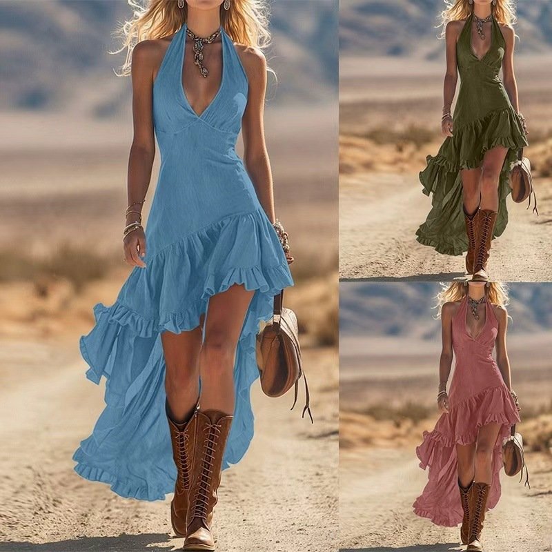 Summer New Arrival American Western Style Solid Color Deep V-neck Sleeveless Maxi Dress