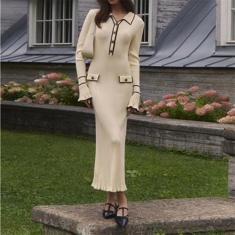 French Accessible Luxury Ruffled Knitted Dress 2025 European and American New Autumn and Winter Sweater Dress Lapel Tight Mid-length Skirt