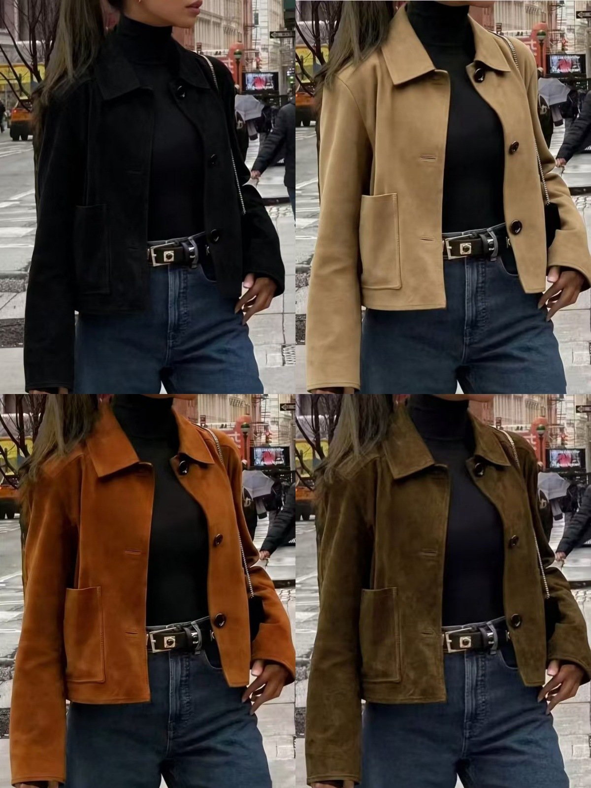 Women's Faux Suede Cropped Jacket, Lapel Collar Long Sleeve Coat with Pockets