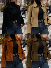 Women's Faux Suede Cropped Jacket, Lapel Collar Long Sleeve Coat with Pockets