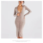 Long-sleeve Bodycon Dress Made of Core-spun Yarn Knit, V-neck Slim Fit, Mid-length with Slit, Elegant and Graceful