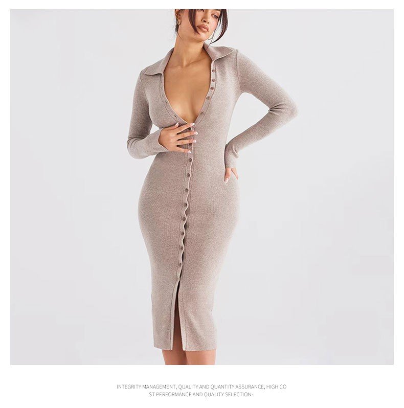 Long-sleeve Bodycon Dress Made of Core-spun Yarn Knit, V-neck Slim Fit, Mid-length with Slit, Elegant and Graceful
