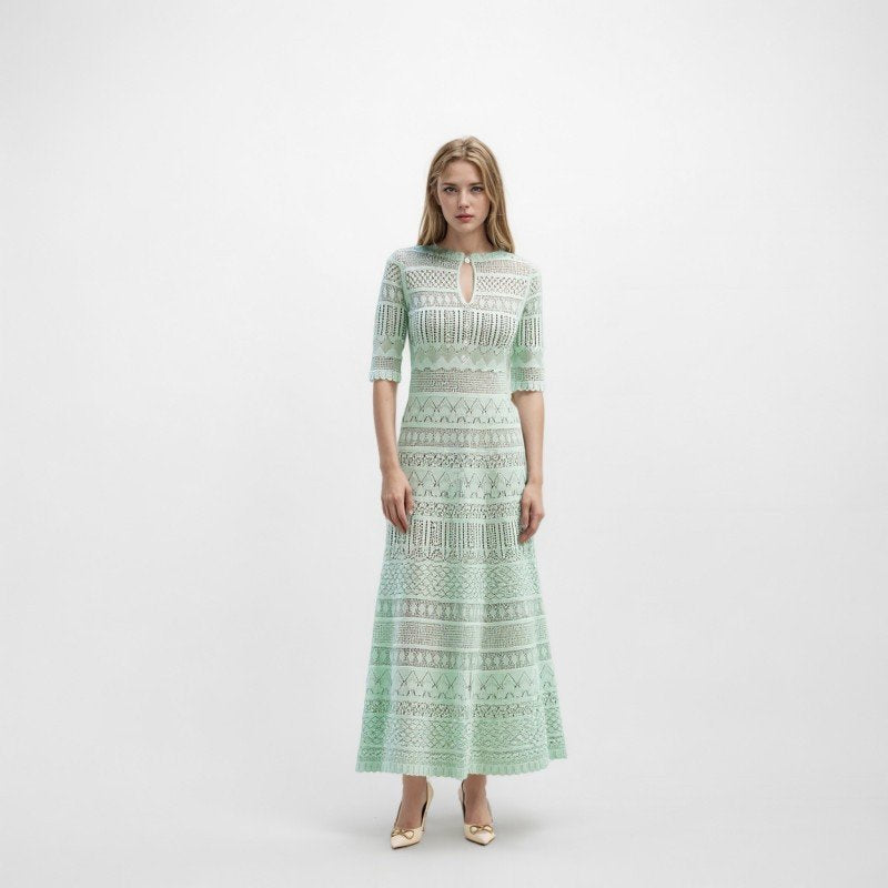 Light Green Round Neck Short Sleeve Hollow Pullover Mid-length Knitted Dress