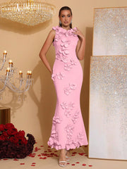 Elegant Sleeveless Long Dress Featuring a 3d Floral Design