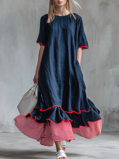 Women Summer Midi Dress, Short Sleeve Loose Flowy Dress, Contrast Ruffle Hem Patchwork Casual Vacation Dress with Pockets for Ladies