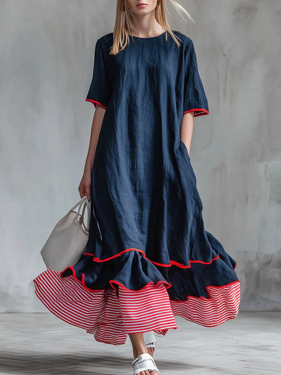 Women Summer Midi Dress, Short Sleeve Loose Flowy Dress, Contrast Ruffle Hem Patchwork Casual Vacation Dress with Pockets for Ladies