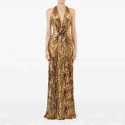 Gold Sequin Halter V-neck Floor-length Evening Gown