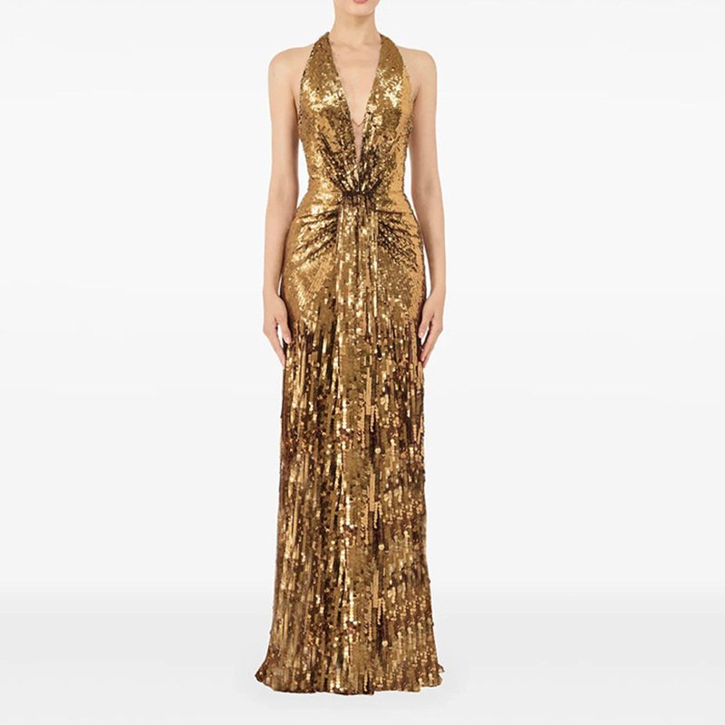 Gold Sequin Halter V-neck Floor-length Evening Gown