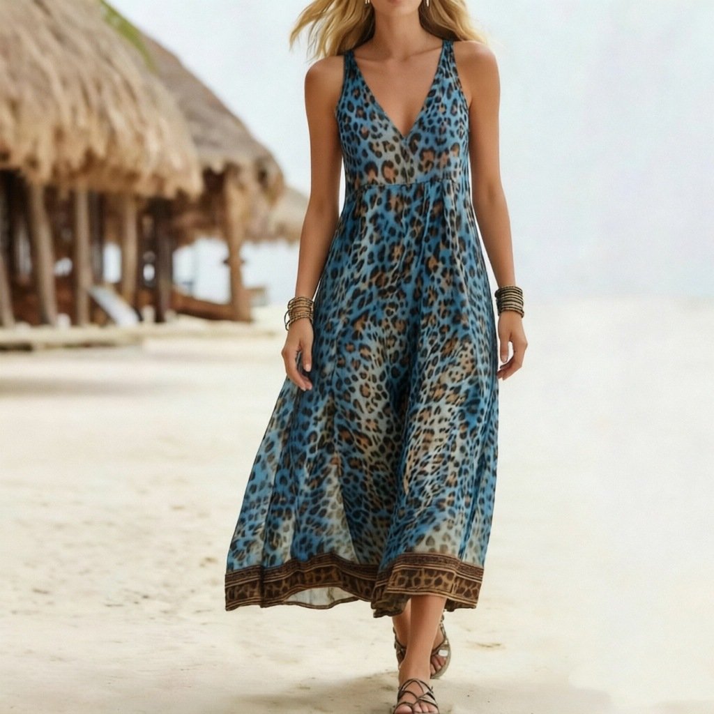 Summer New Arrival Plus Size Casual Leopard Print Sleeveless V-neck Zipper Dress