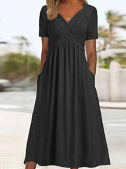 Women Fall Solid Color Round Neck Short Sleeve Pullover Aline Swing Dress Elegant Casual Dress