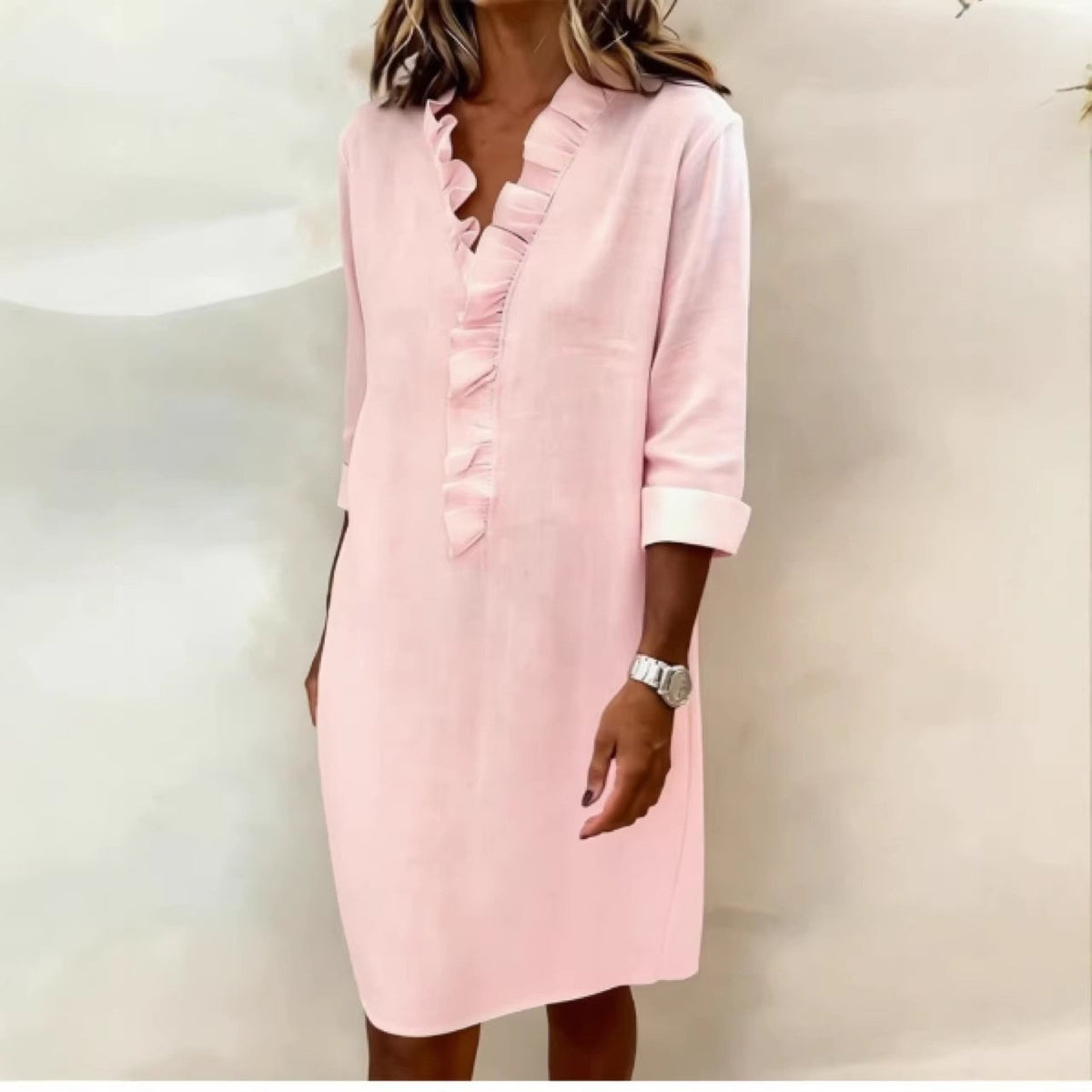 2026 European and American Cross-border Spring New Fashion Slim-fit Women's Ruffled Long-sleeve Cotton-linen Shirt Dress
