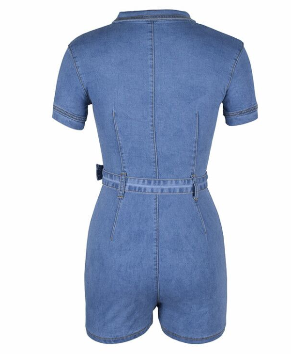 Slim Fit Deep V Denim Jumpsuit with Belt & Pockets