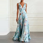 European and American Cross-border 2026 Blue Tulip Print Dress for Banquets, Casual and Elegant, Flowing Sleeveless V-neck Long Dress for Women