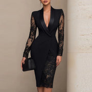 2026 Style Solid Color Lace Patchwork Long-sleeve Lapel Collar Casual Commuter Waist-cinching Blazer Dress