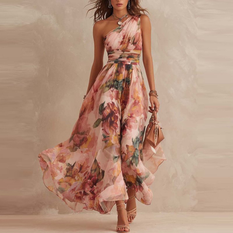2026 Summer New Cross-border Independent Site Women's Fashion Digital Print Elegant One-shoulder Sleeveless Dress