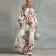 2026 New Hot-selling Cross-border Amazon Fashion Printed One-shoulder Lantern Sleeve Elegant Dress