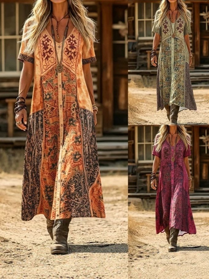 Summer Bohemian Spliced Print Dress, V-neck Single-breasted A-line Midi Dress