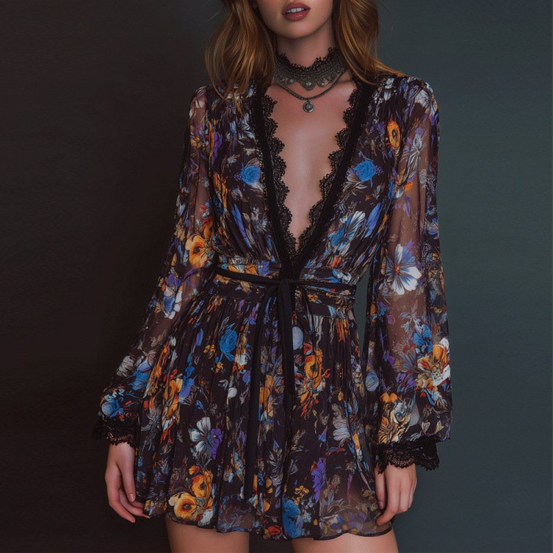 Independent Station European and American Cross-border 2026 Autum New Women's V Neck Long-sleeved Waist Organza Elegant Dress Short