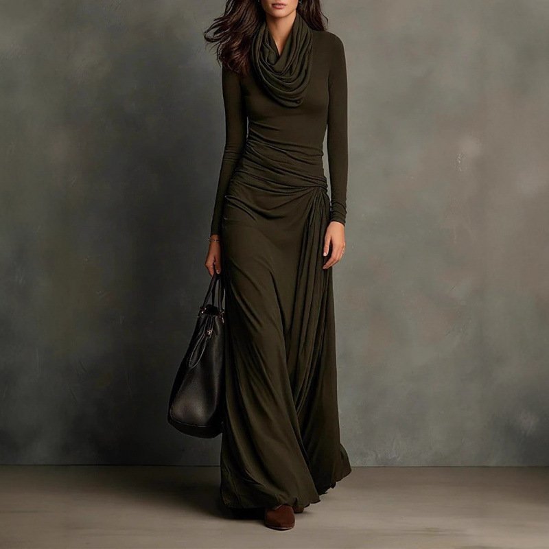 European and American Cross-border Independent Station 2025 Autumn and Winter Elegant Elegant Pile Collar Pleated Slim Slim Long-sleeved Dress for Women