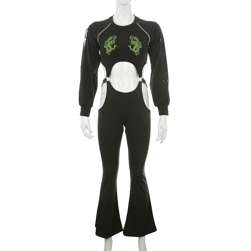 Embroidered Long Sleeve High-Waist Jumpsuit