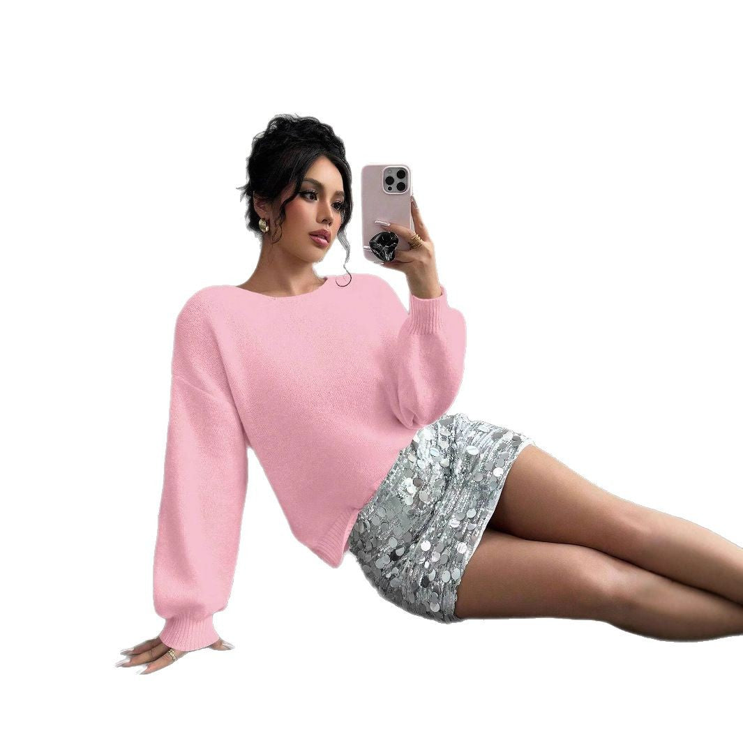 Fashionable Loose Knitted Sweater with Sequin Bow Accent