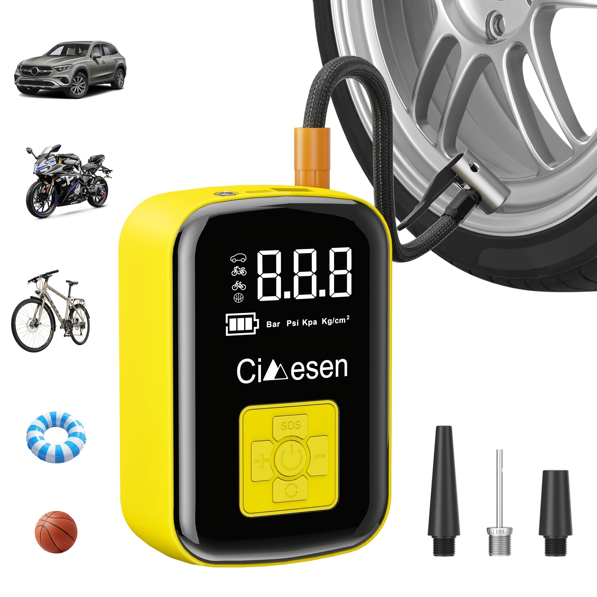 Portable Cordless Tire Inflator with Digital Display and Multi-Nozzle Adapter
