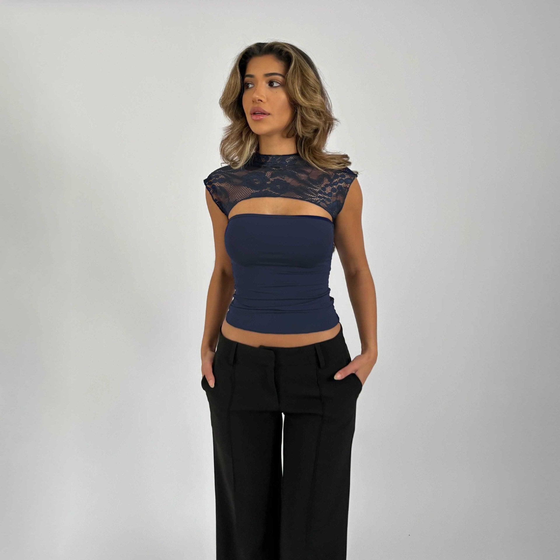 Spring And Summer New Cutout Lace Stitching Top