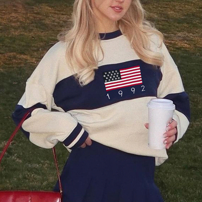 Preppy Flag Knit Sweater - Cozy Long Sleeve Pullover
