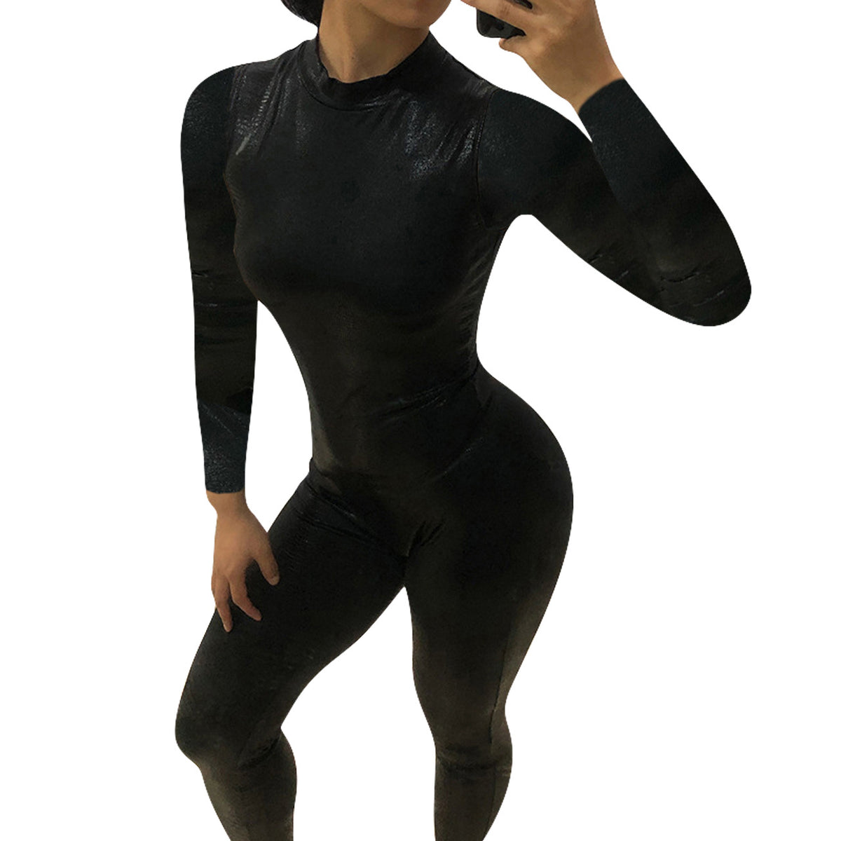 Women's Solid Color Faux Leather Pleated Serpentine Sheath One-piece Trousers