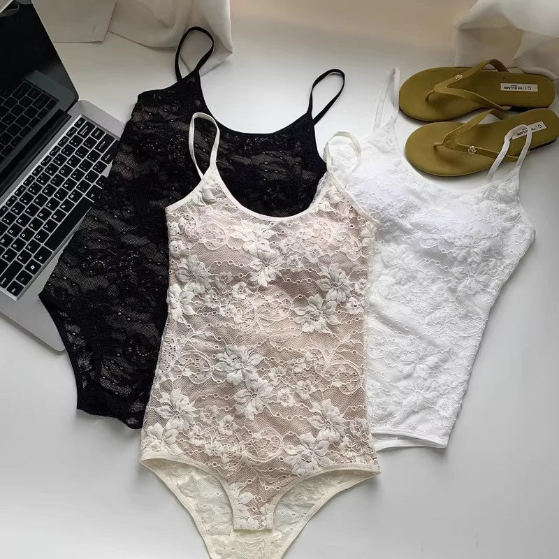Womens Strappy Slim-fit Lace Backless Bodysuit