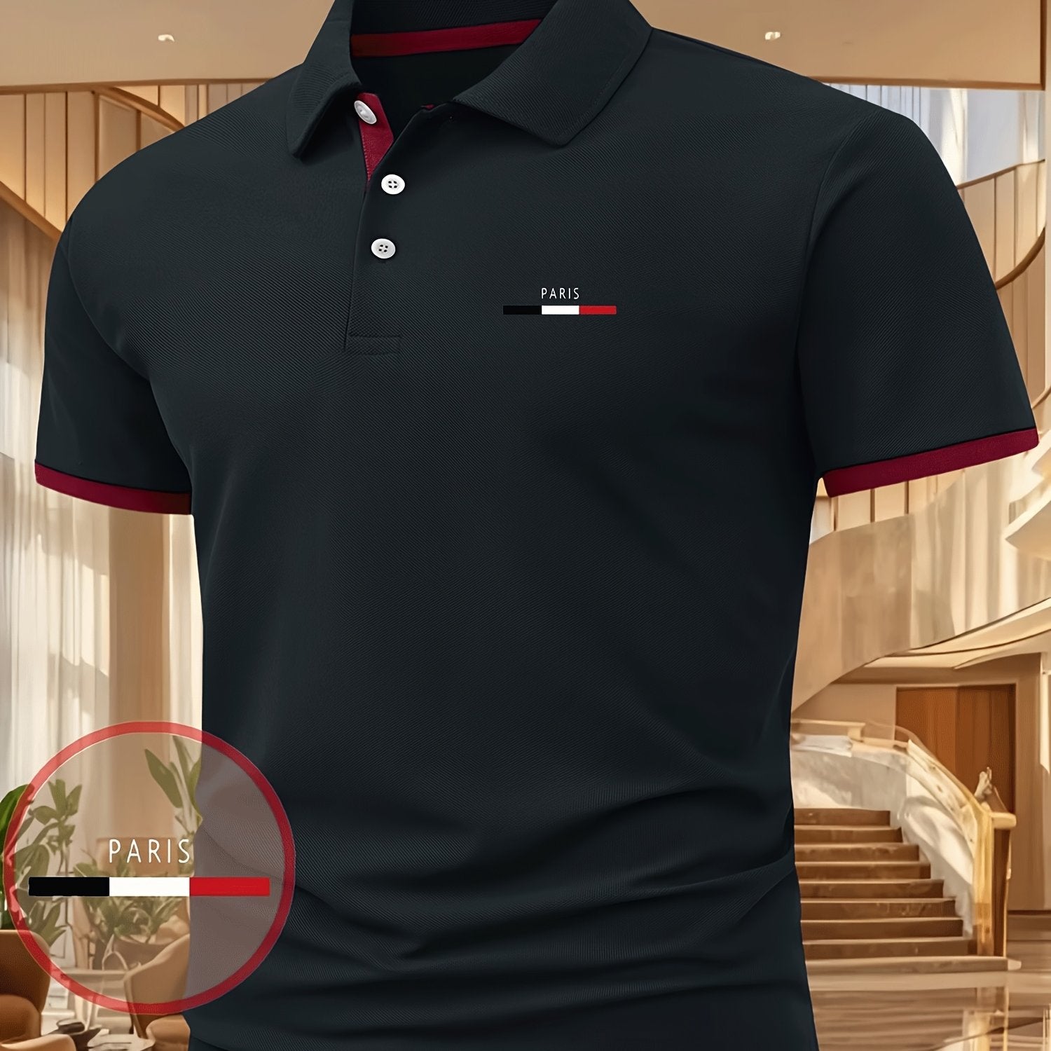 Men's Moisture-Wicking Printed Polo Shirt – Three‑Color Stripe, Short Sleeve