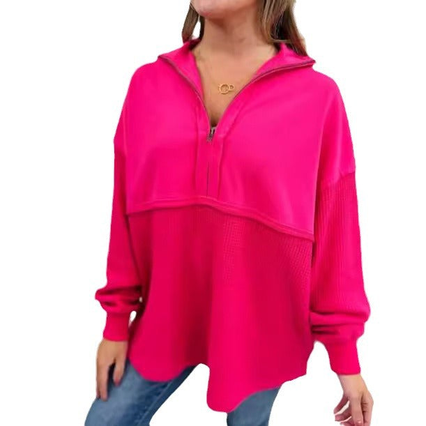 Women's Cozy Zip Patchwork Casual Pullover Sweater