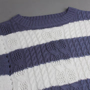 Womens Knitted Sweater with a Round Neck Long Sleeves and a Striped Hollow-out Design