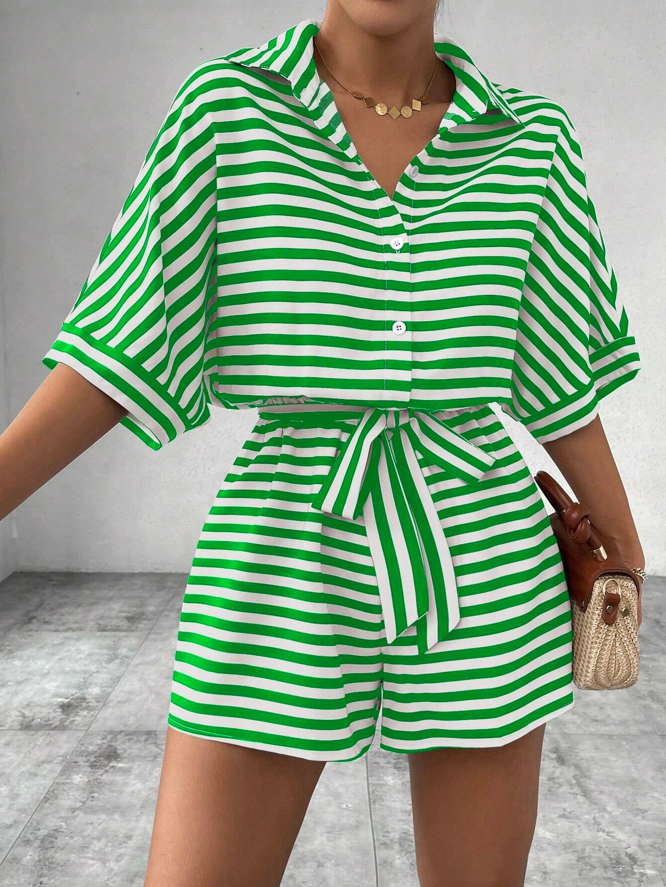 Summer Striped Lapel Belted Jumpsuit