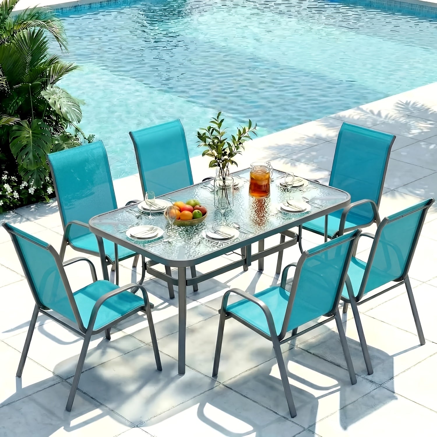 [All Weather Patio Set] Patio Dining Set for 6, Outdoor Table And Chairs W/ 1.69" Umbrella Hole, 30" X 55" Table And Stackable Textilene Chair, All Weather Patio Furniture Set (Umbrella Not Included)