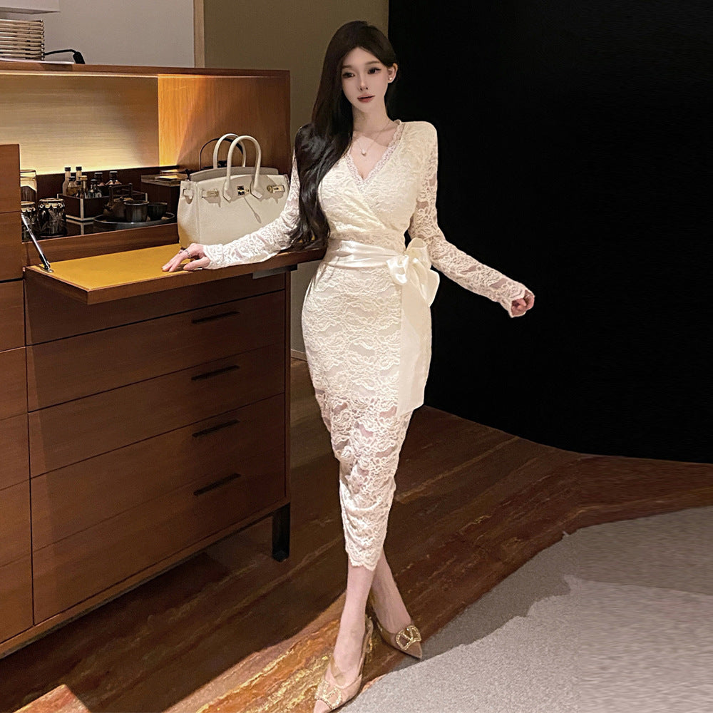 Women's Lace Bodycon Dress with Bow Tie