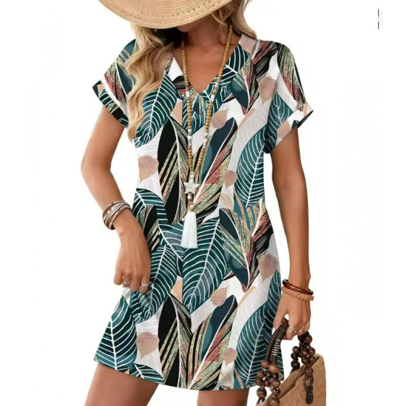 European and American-style Fashionable Printed Loose-fit V-neck Short-sleeve Dress