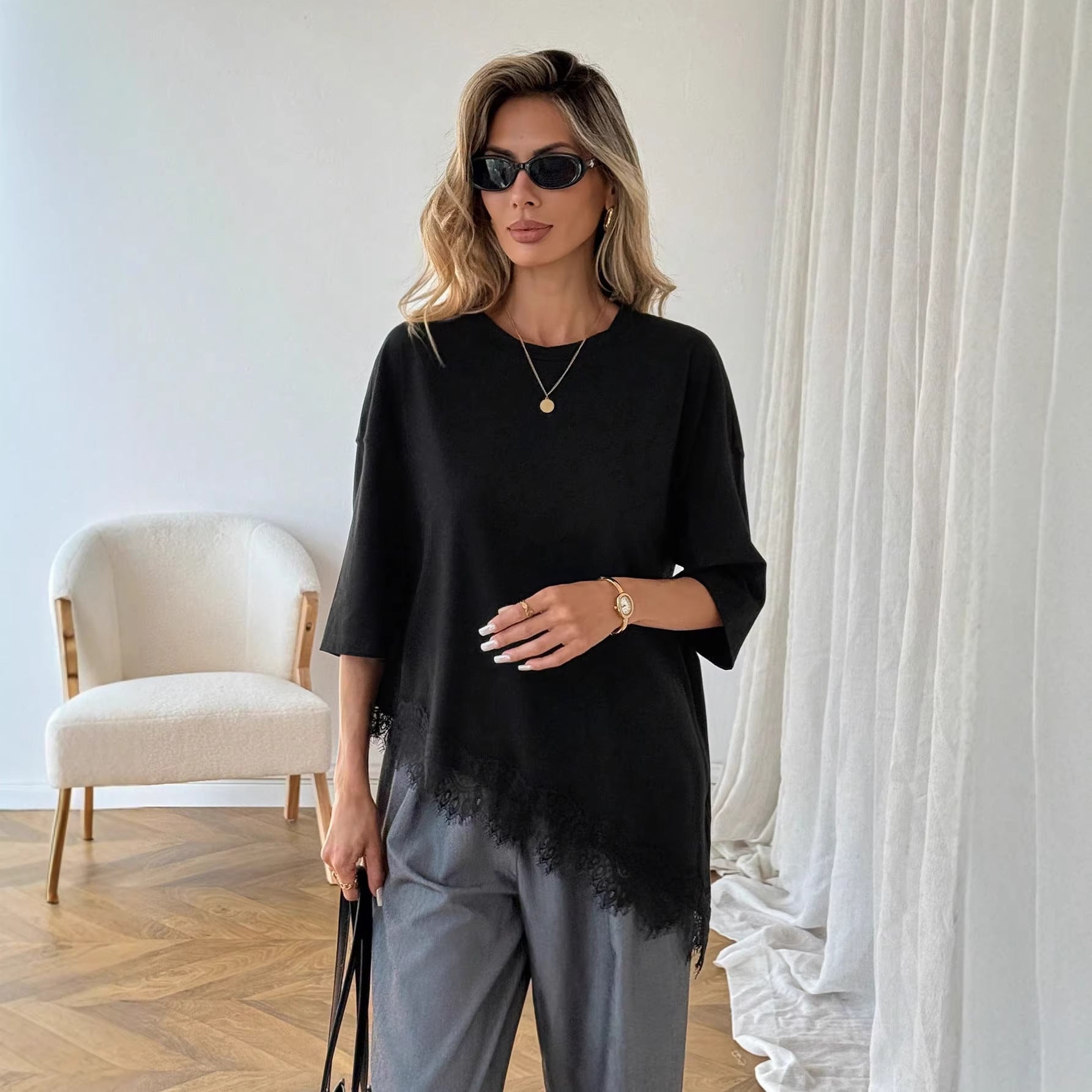 Solid-color Crewneck Lace-panel Hem Top