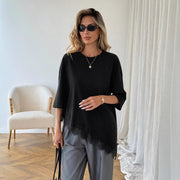 Solid-color Crewneck Lace-panel Hem Top