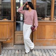 Loose-fitting Contrast-color V-neck Knitted Sweater for Women