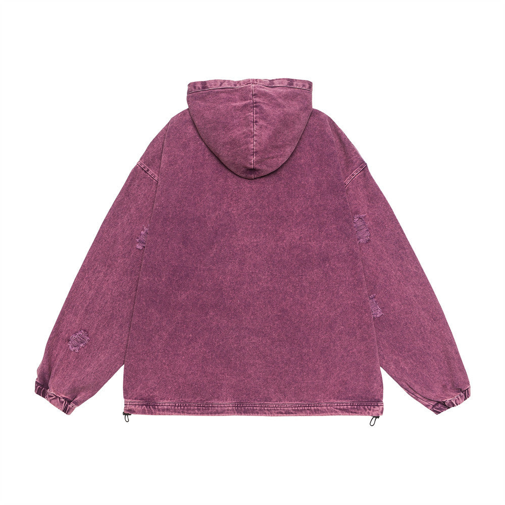 Edgy Distressed Denim Hooded Pullover Streetwear